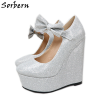 Sorbern Silver Glitter Mary Janes Women Pumps Platform Wedges Bowknot Ladies Shoes Big Bow Heels 2020 Shoes Customized Shoes