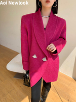 Vintage High-end Double-sided Wool Coat Women's Autumn Winter 2023 New Loose Cocoon-Shaped Diamond Buckle Elegant Blazer Jacket