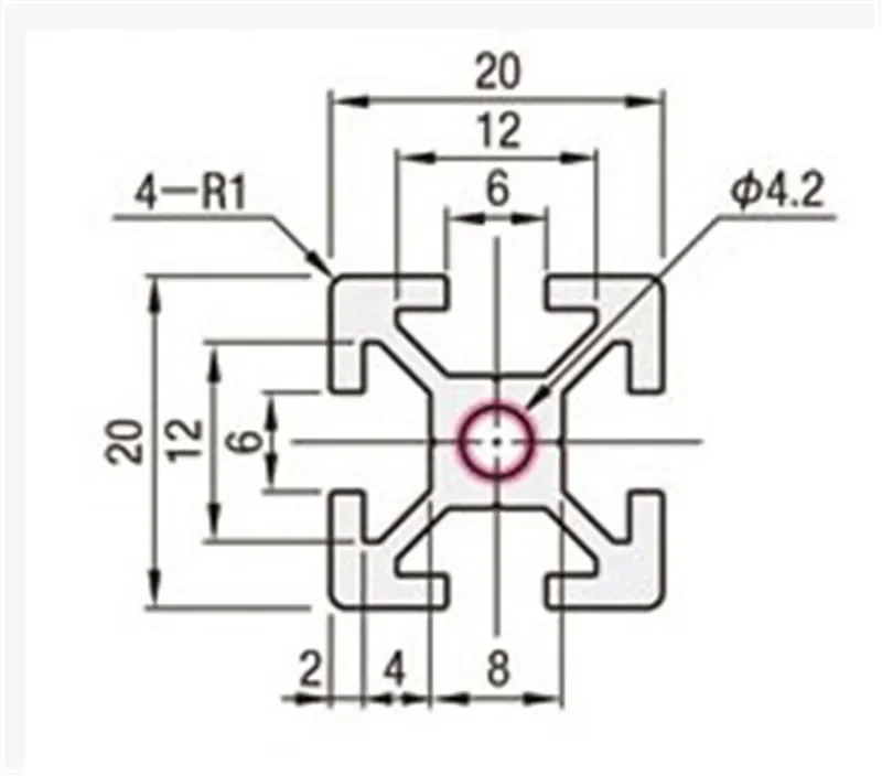 Close-up of Misumi HFSB5-2020 extrusion profile showing T-slots and blind joints
