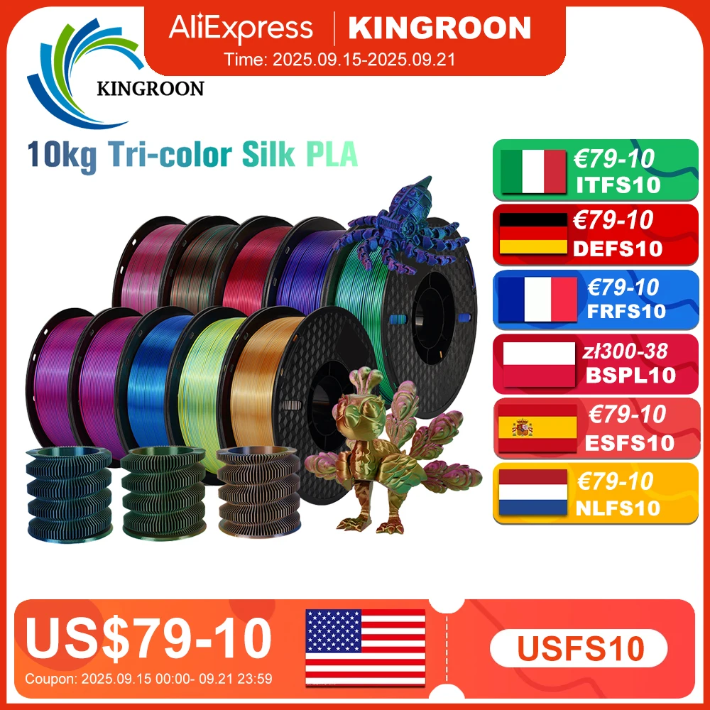 KINGROON Silk Tri-color PLA Filament spool showing vibrant colors