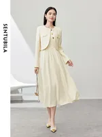 SENTUBILA Apricot Tweed Suit 2025 Spring Elegant Round Neck Crop Jacket Hollow Out Midi Tank Dress 2 Piece Set Woman 141Z53356