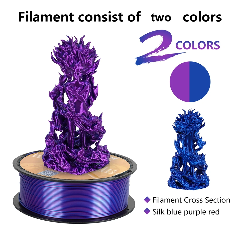 Close-up of dual-color silk PLA filament extrusion